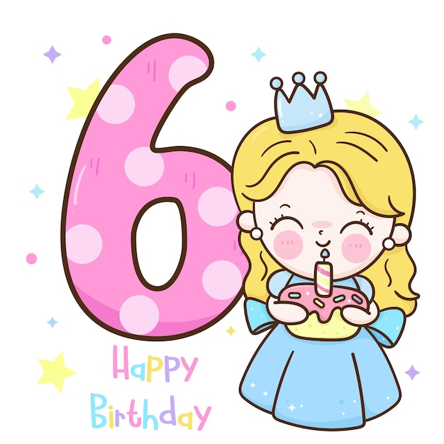 Birthday number sixth with princess holding cake cake kawaii cartoon