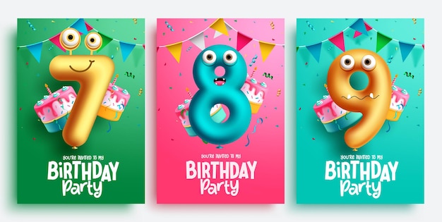 Birthday party balloons vector poster set design. Birthday number balloons for invitation card