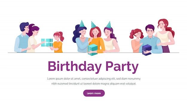 Birthday party banner template. Happy people giving presents to each other.