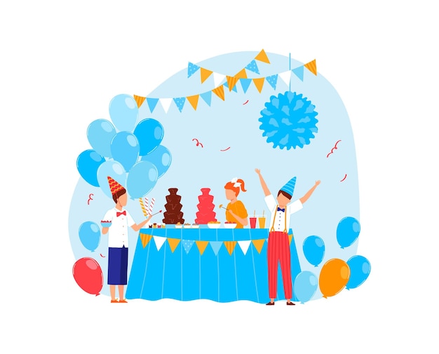 Vector birthday party for boy character cartoon celebration with cake vector illustration fun child in cute holiday hat isolated on white