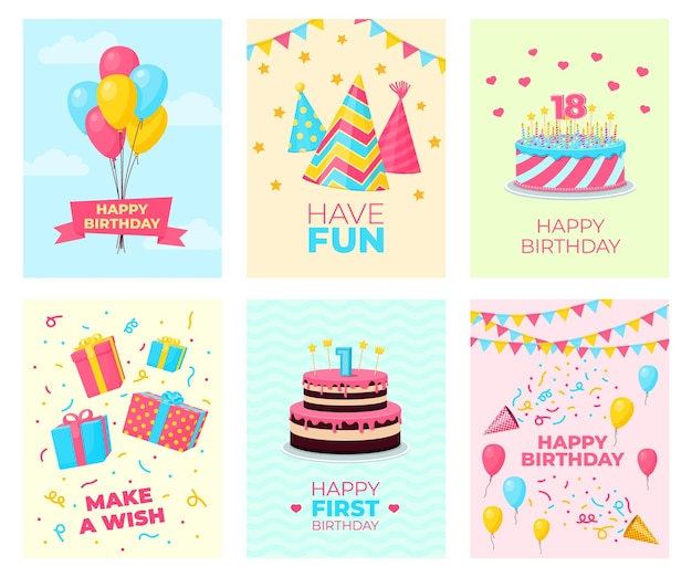 Birthday party cards template Card design fun celebrate party poster Invitation with decorations cartoon cupcake and presents recent vector set