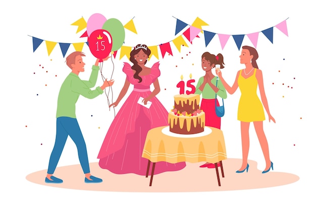 Birthday party celebration for teen princess girl in pink dress and friends celebrate