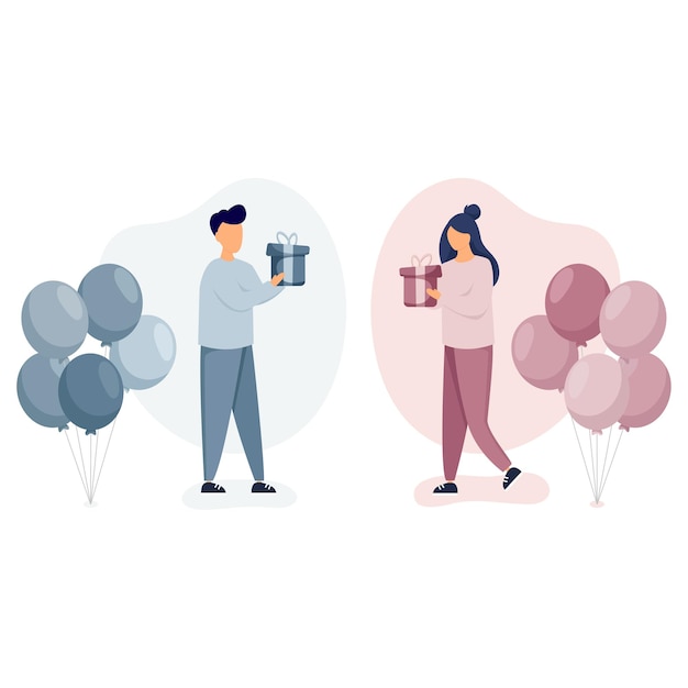 Birthday party concept Man standing near balloons gives woman blue gift and girl gives boy cute pink gift