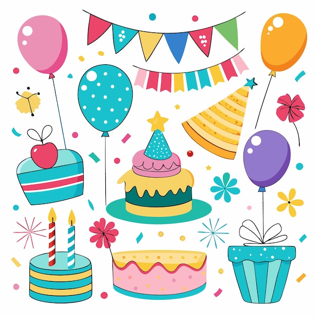 Birthday party elements with balloons cake candles and gifts