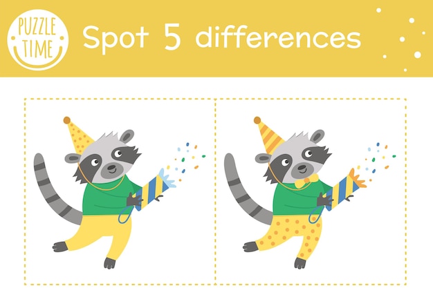 Birthday party find differences game for children. Holiday educational activity with funny raccoon with cracker. Printable worksheet with smiling character. Cute celebration puzzle for kids