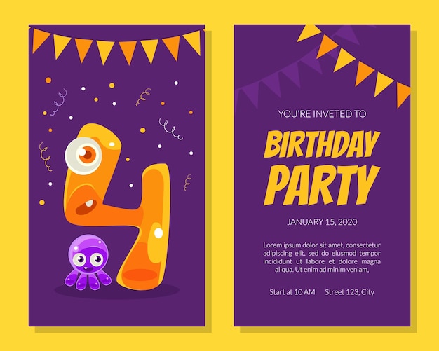 Vector birthday party invitation card template banner poster with cute funny jelly monsters vector illustration