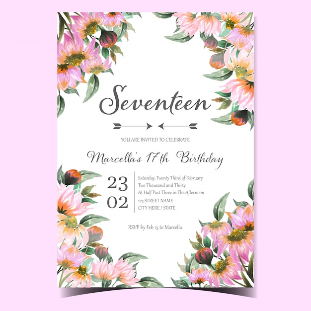 Birthday party invitation card with beautiful pink daisy