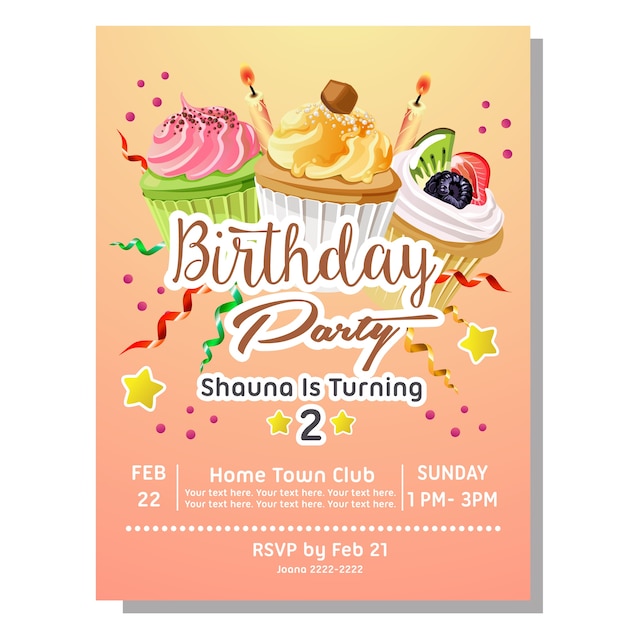 birthday party invitation card with creme cupcakes