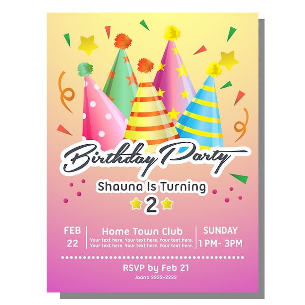 birthday party invitation card with party hats