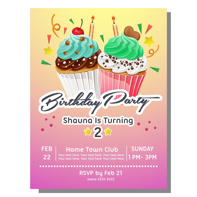 birthday party invitation card with sweet slice muffin cake