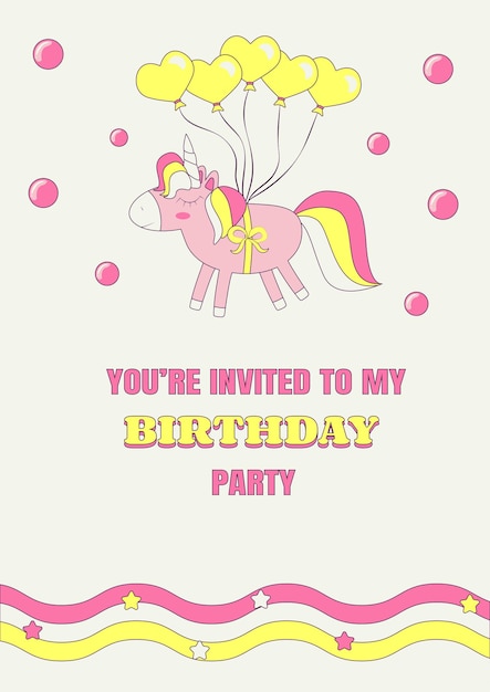 Birthday Party Invitation Greeting Card with Unicorn