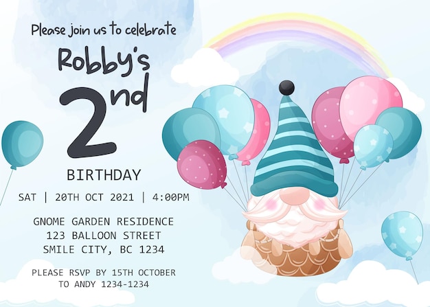 Birthday party invitation template with gnome