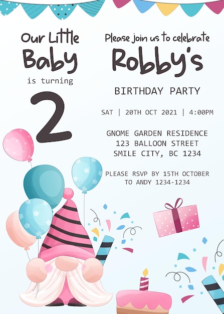 Birthday party invitation template with gnome