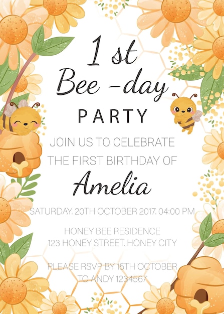 Birthday party invitation template with honey bee