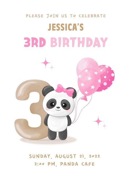 Birthday party invitation with cute little panda girl with number three pink balloon and bow