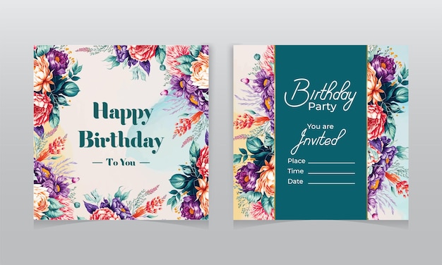 Birthday party invitation with floral decoration set