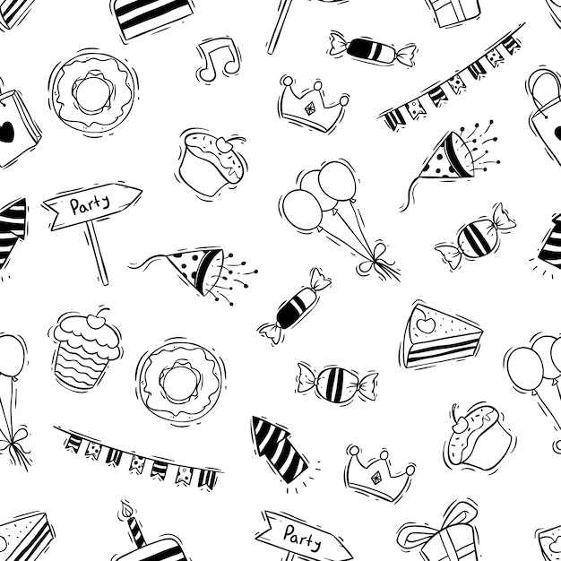 birthday party in seamless pattern with black and white doodle style