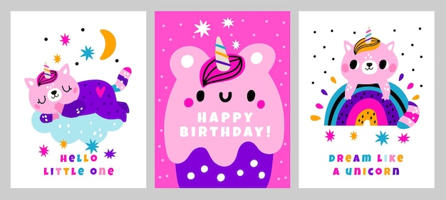 Birthday party sweets greeting cards Funny unicorn kittens with cake and rainbow Baby gifts Pink magic animals Magic fairy tale characters Kawaii cats Vector holiday postcards set