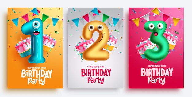 Birthday party vector poster set design. Birthday greeting text lay out collection with inflatable