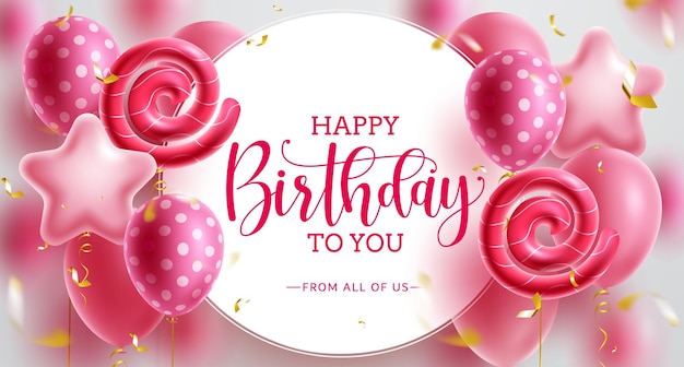 Birthday party vector template design. Happy birthday greeting text in circle space with pink.