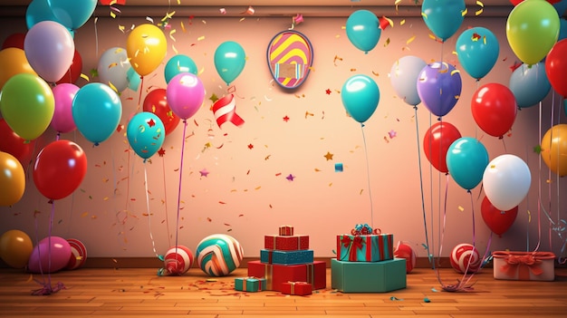 a birthday party with balloons and a box of gift boxes