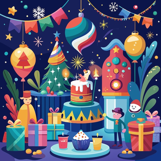 a birthday party with a birthday cake and a birthday cake with a party hat on it Vector illustrato