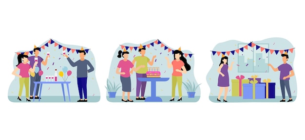 Birthday Party with Friends Scene Flat Bundle Design