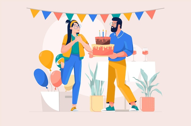 Vector birthday party yellow concept with people scene in the flat cartoon style