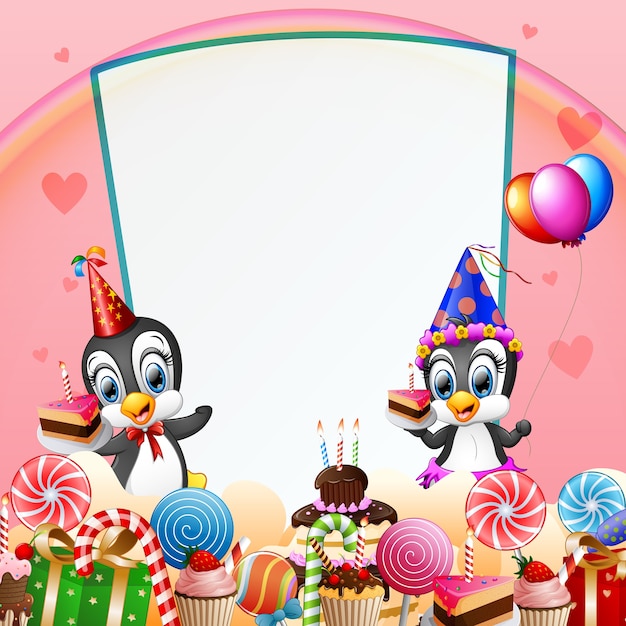 Birthday penguin with candies and pink background