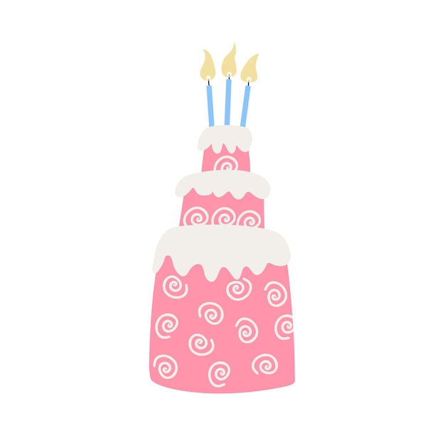 Birthday pink cake with burning candles isolated on white background