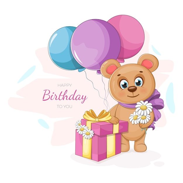 Vector birthday postcard with cute bear balloons flowers and a gift box