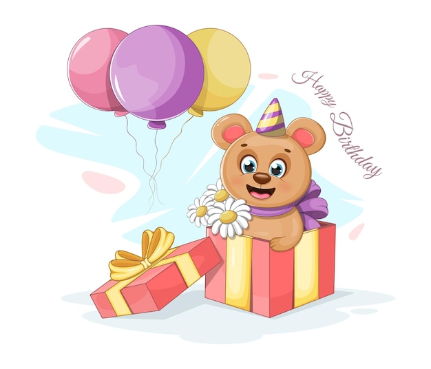 Vector birthday postcard with funny bear flowers balloons and a gift box