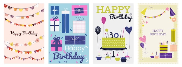 Birthday postcards Happy celebration cards with funny text and cute animals funny greeting card with text and cartoon icons Vector collection Festive holiday balloons for entertainment