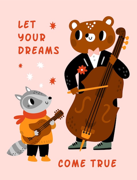 Birthday poster with cute animals Forest musicians with different musical instruments Zoo jazz band Orchestra performers play music Happy bear and raccoon Vector holiday greeting card