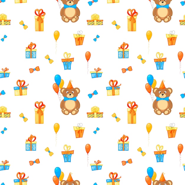 Birthday seamless multicolored pattern with cute bears on a white background Cartoon style Vector