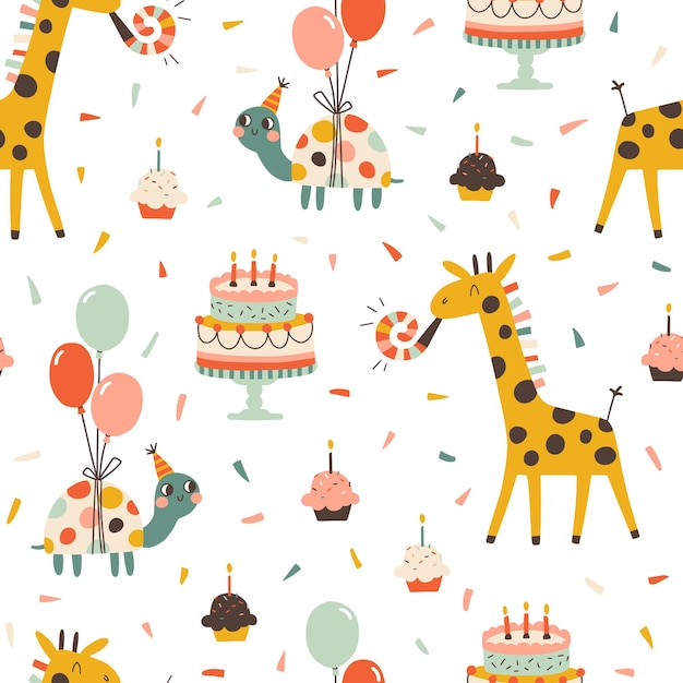 Birthday seamless pattern with cute animals Vector hand drawn cartoon illustration