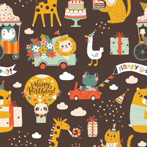 Birthday seamless pattern with cute animals Vector hand drawn cartoon illustration