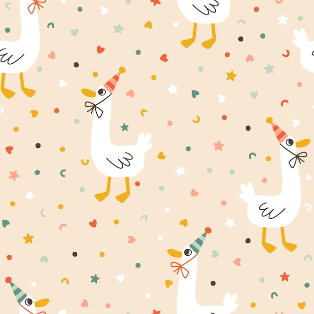 Birthday seamless pattern with a cute duck in a cone with confetti sprinkles Vector hand drawn