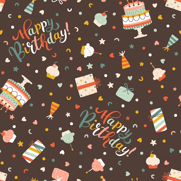 Birthday seamless pattern with lettering inscription Vector hand drawn cartoon illustration