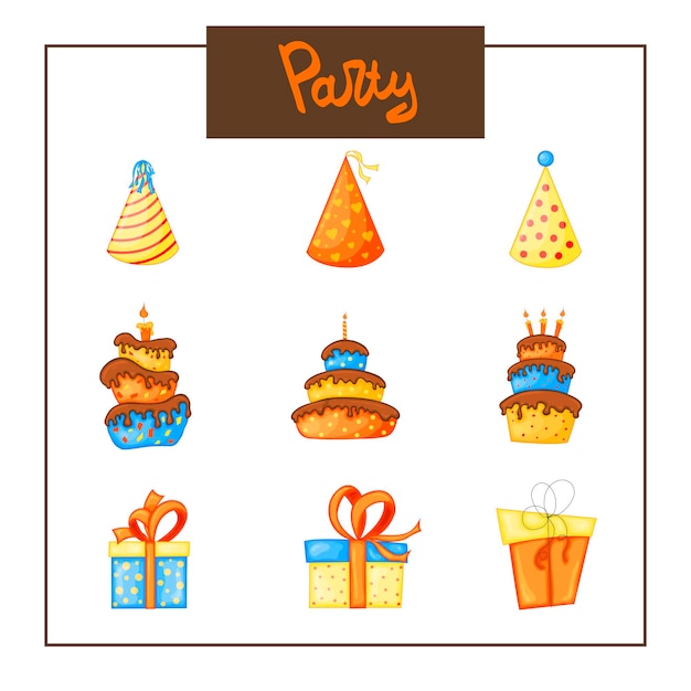 Birthday set of items for holiday card or invitation. Cartoon style. Vector illustration.