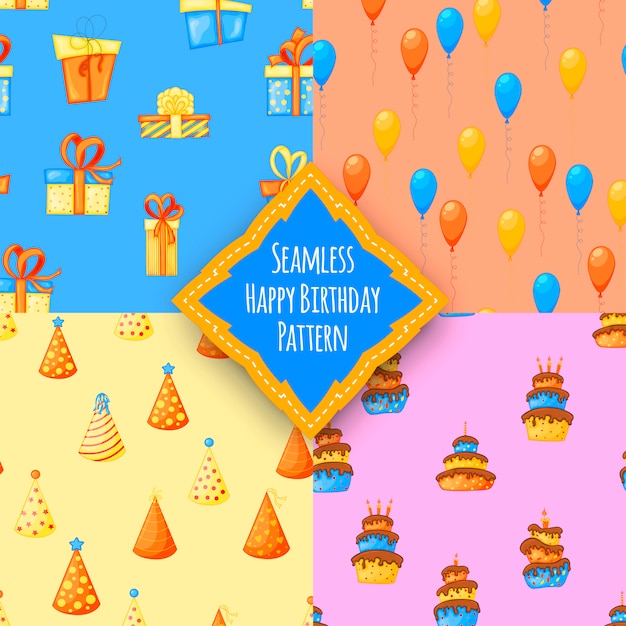 Birthday set with seamless multicolored patterns