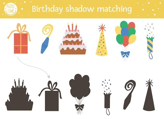 Birthday shadow matching activity for children. Fun puzzle with cute party objects. Celebration educational game for kids with holiday symbols. Find the correct silhouette printable worksheet.