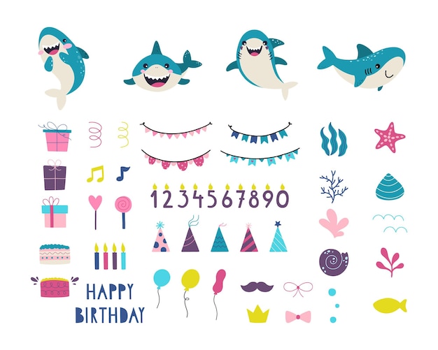 Vector birthday sharks set