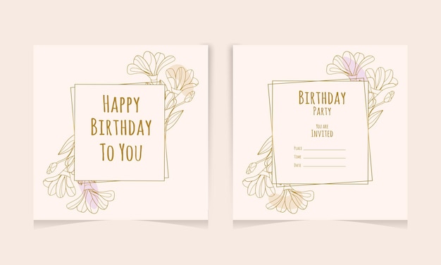 Vector birthday social media frame for line art with leaves element