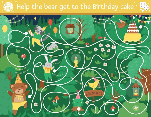 Birthday surprise party maze for children. Preschool holiday printable educational activity. Funny puzzle with cute woodland animal. Help the bear get to the Birthday cake. Forest game for kids.