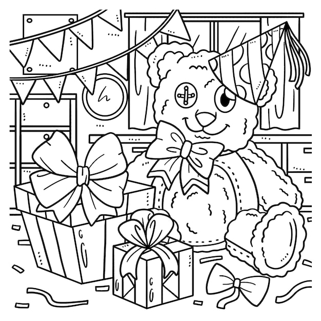 Birthday Teddy Bear Gift Isolated Coloring Page