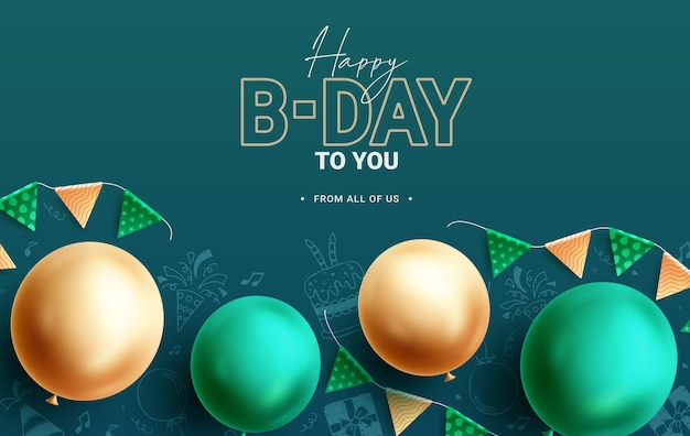 Birthday vector background design Happy bday greeting card with yellow and green balloons party