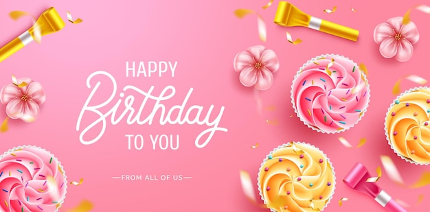 Birthday vector background design. Happy birthday greeting text with cupcakes, cherry blossom.