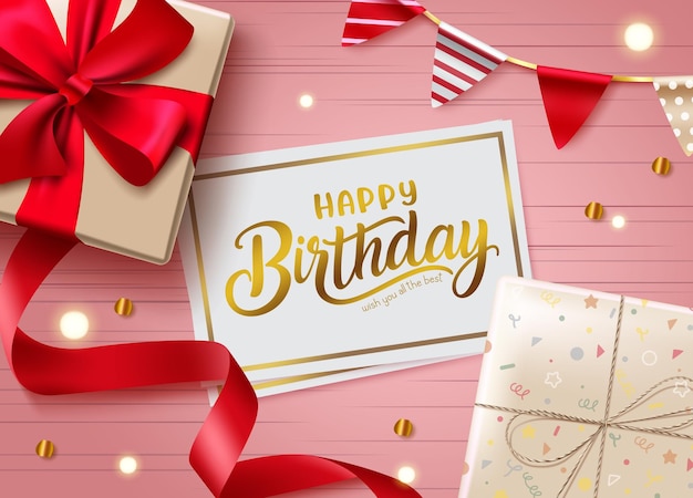 Birthday vector concept design. Happy birthday text in card with gift boxes, pennants and confetti.