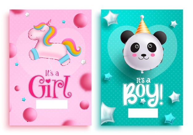 Birthday vector poster set design. Baby shower gender reveal girl or boy decoration with unicorn